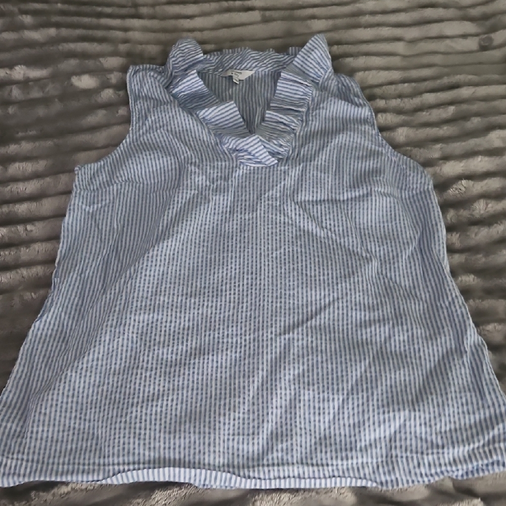 Crown & Ivy White and Blue Ruffled Sailor Collar Blouse